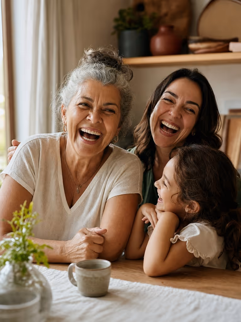 Três gerações de uma família rindo juntas à mesa de casa, em luz natural