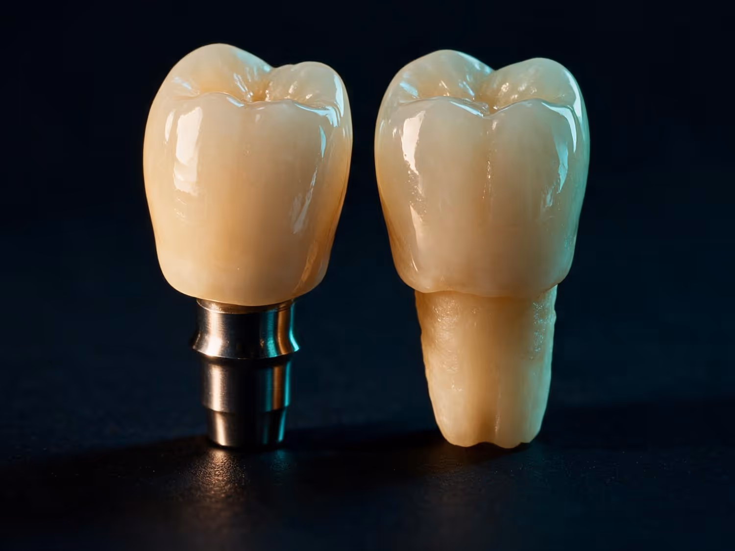 Duas coroas de cerâmica lado a lado: uma assentada sobre um pilar de titânio de implante, outra sobre a raiz de um dente natural