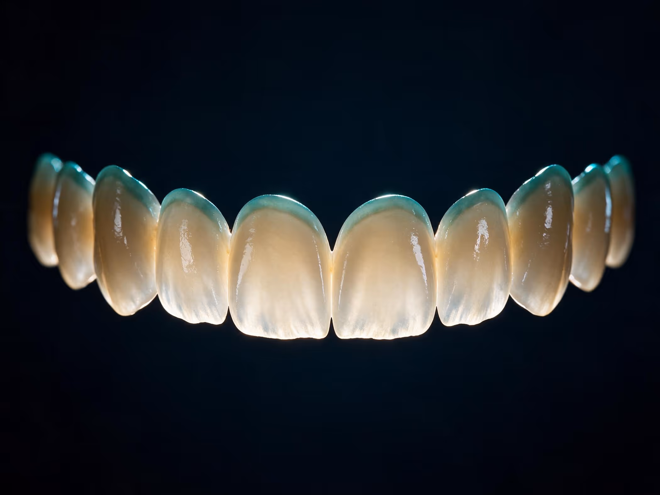Dez lentes de cerâmica ultrafinas alinhadas na curva de uma arcada superior, iluminadas por trás