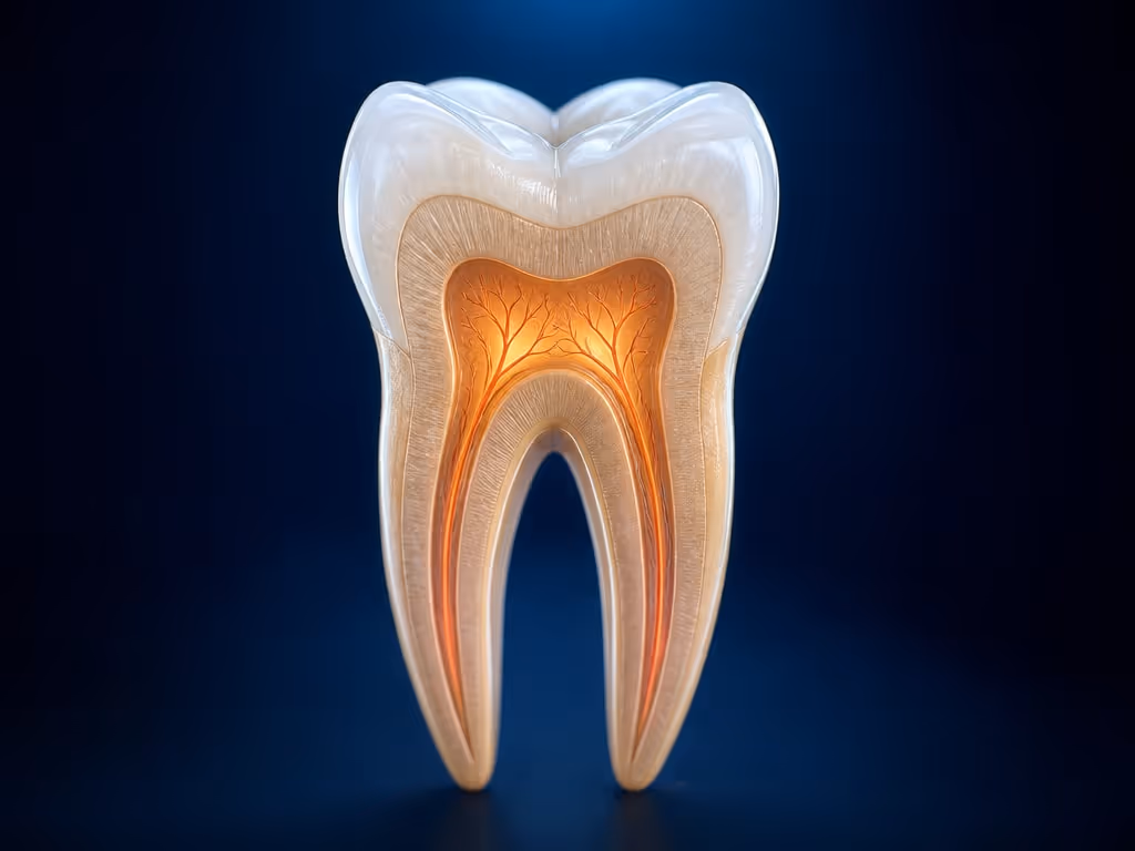 Corte de um dente natural saudável, mostrando o esmalte, a dentina e a polpa iluminada por dentro
